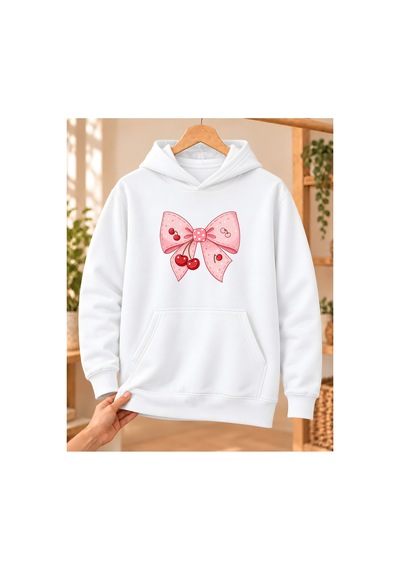 Mor Mürekkep Kadın %100 Pamuk 3 İplik Şardonlu Kirazlı Pembe Fiyonk Baskılı Kapüşonlu Sweatshirt Beyaz