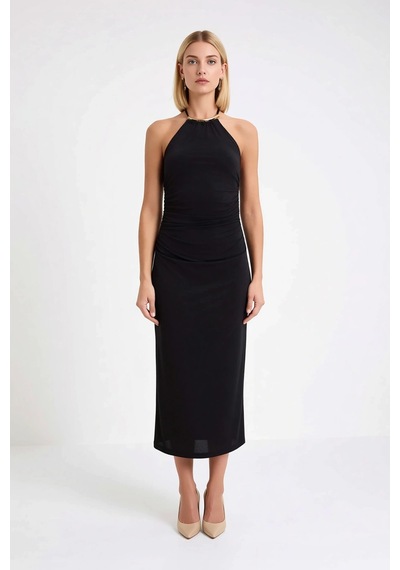 Benerly Kadın Halter Yaka Bodycon Midi Elbise İnce Askılı Astarsız Sandy Siyah