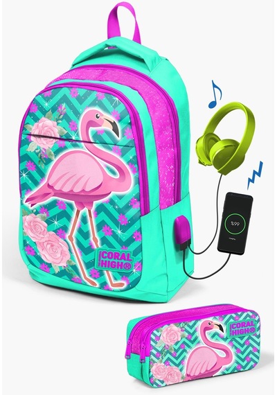 Coral High Kids Su Yeşili Pembe Simli Flamingo Desenli Usb'li 2'li Okul Çanta Seti Set0223411