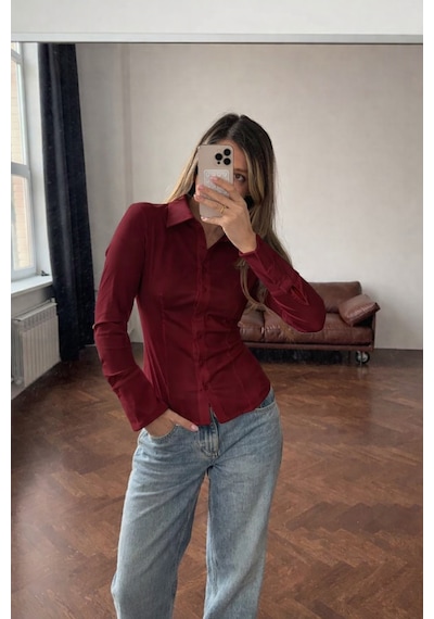 Madmext Bordo Vücuda Oturan Slim Fit Kadın Gömlek Mg2659 Bordo