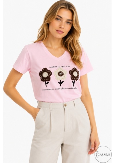 Cassime Kadın Pembe %100 Pamuk Regular/normal Kalıp Çiçek Nakışlı Örme T-shirt