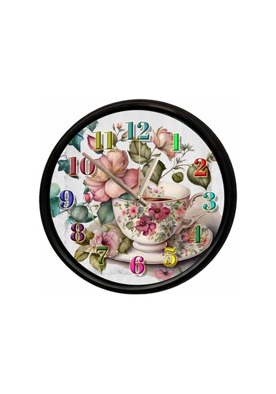 Çiçek Desenli Porselen Fincan Temalı Dekoratif Duvar Saati 28 Cm Sessiz Mekanizma Çok Renkli