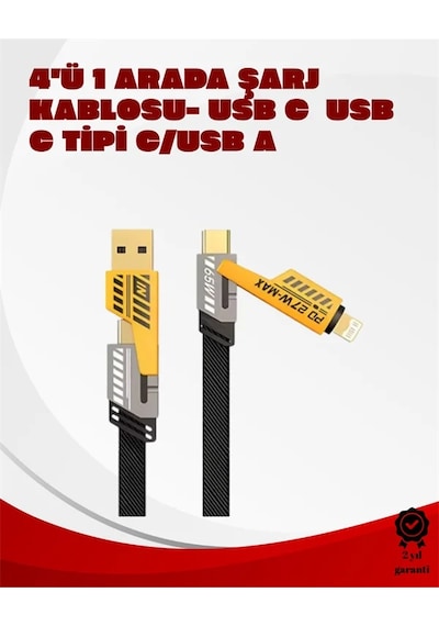 Dönüştürülebilir 4 Başlıklı Hızlı Şarj Kablosu 1.2m, 65w, Dayanıklı Ve Esnek Tasarım Sarı