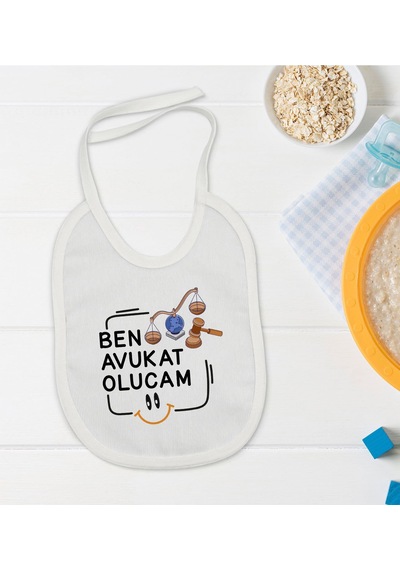 BK Kids Avukat Olucam Tasarımlı Beyaz Bebek Mama Önlüğü-1 Beyaz