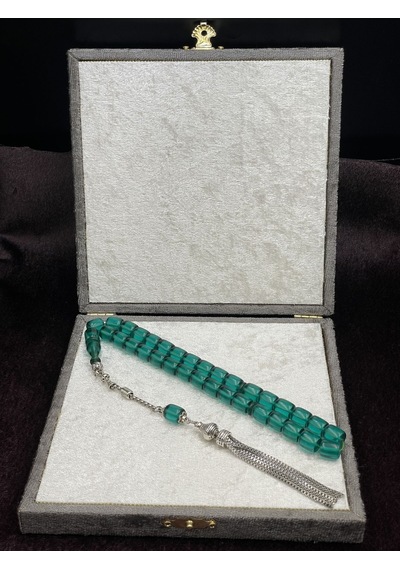 Alpaka Zincir Püsküllü Blok Kesim Zümrüt Yeşili Ateş Kehribar Tesbih 9x10 Mm Yeşil