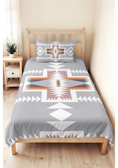 Gri Etnik Geometrik Genç Odası Tek Kişilik Pike Takımı-bohem Beyaz 160x220 Cm Kapitone Yatak Örtüsü Mercansı Kum Tonu