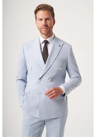 İmza Mavi Kırlangıç Yaka Kruvaze 6 Drop Slim Fit Tam Astar Esnek Takım Elbise 1001260902