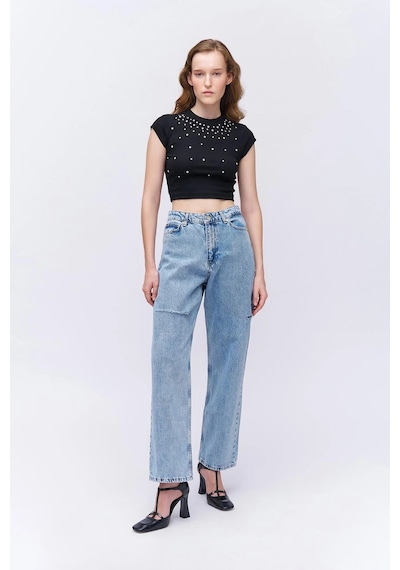 Yırtık Detaylı Bol Paça Denim Pantolon Mavi Mavi