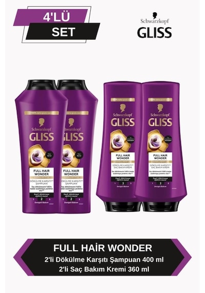 Gliss Full Hair Wonder Dökülme Karşıtı Şampuan 400ml X 2+ Saç Kremi 360ml X2 set-hnkl-5221-6363 Tüm Saçlar
