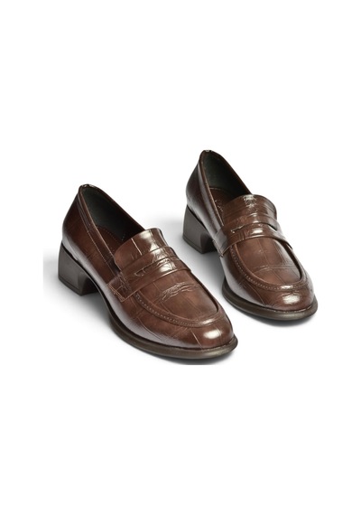 Fox Shoes Z820066211 Kahverengi Kroko Baskılı Kalın Topuklu Loafer Ayakkabı
