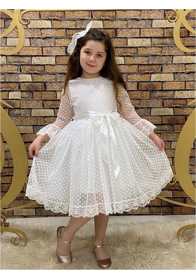 Kız Çocuk Dantelli Beyaz Mini Puantiyeli Kurdelalı Tül Elbise Beyaz Kız Çocuk Dantelli Beyaz Mini Puantiyeli Kurdelalı Tül Elbise Beyaz