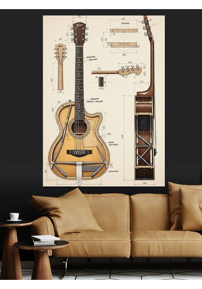 Eski İki Klasik Gitar Eskizi Dekoratif Kanvas - Mdf Ahşap Tablo