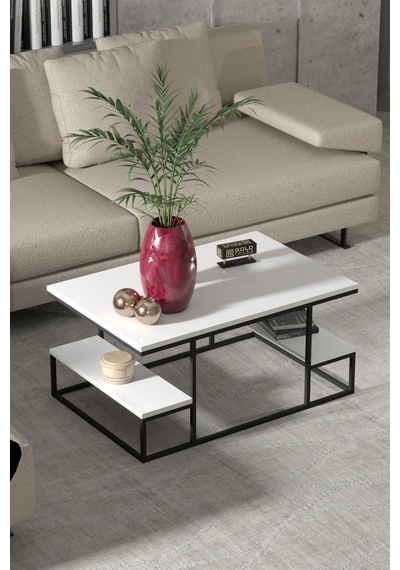 Reyo Falez Deluxe Raflı Orta Sehpa 60x90 Cm Modern Dikdörtgen Orta Sehpa Beyaz