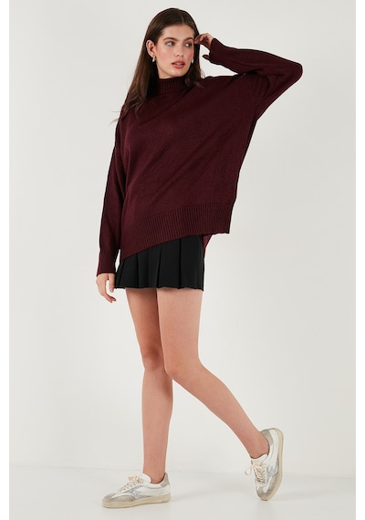 Lela Premium Oversize Fit Balıkçı Yaka Yumuşak Dokulu Triko Bayan Kazak 680Kz00469 Bordo