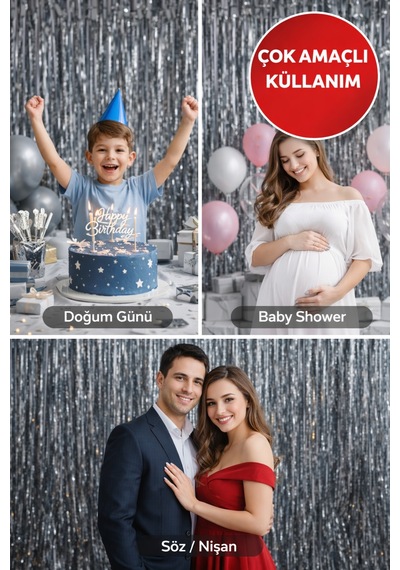 Metalik Gri Parlak Parti Perdesi 100x200 Cm Doğum Günü, Baby Shower, Fotoğraf Arka Fon 100 200