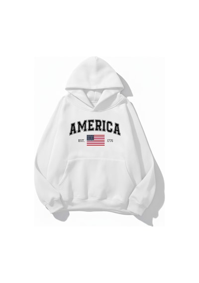 Uyguntarz Unisex Yumuşak Dokulu America Baskılı Tasarım Oversize 3 İplik Hoodie Sweatshirt beyaz