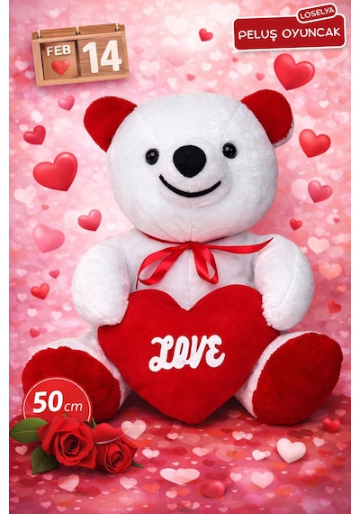 Sevgililer Günü Peluş Oyuncak Hediyelik Kırmızı Love Kalpli Beyaz Peluş Ayıcık 50 Cm Kırmızı-kalpli Beyaz Ayıcık