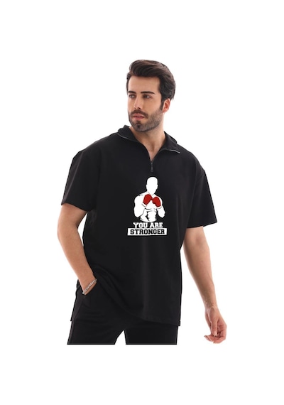 Barlashive Erkek Yarım Fermuarlı Oversize Baskılı T-shirt - Siyah Çok Renkli