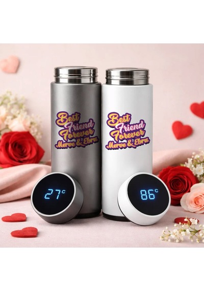 Bk Gift Kişiye Özel Best Friend Tasarımlı Dijital Göstergeli Filtreli 2li Çelik Termos 450 Ml -2, Arkadaşa Hediye En İyi Arkadaş Termos Seti Kobitmeye Renkli