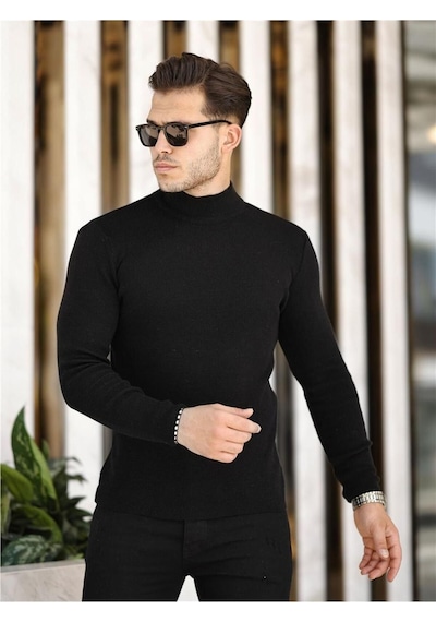 Siyah Erkek Slim Fit Yarım Balıkçı Fitilli Triko Kazak-trz19158r01s Siyah
