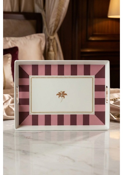 Makri Home Çizgili Desenli Servis Tepsisi 38x28x3,5 Cm, Bordo Bordo