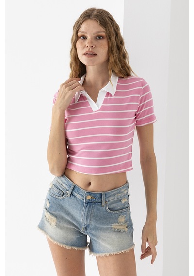 Giysa Kadın Polo Yaka Çizgili Pamuklu T-shirt Pembe Beyaz - 25795 Pembe - Beyaz Giysa Kadın Polo Yaka Çizgili Pamuklu T-shirt Pembe Beyaz - 25795 Pembe - Beyaz