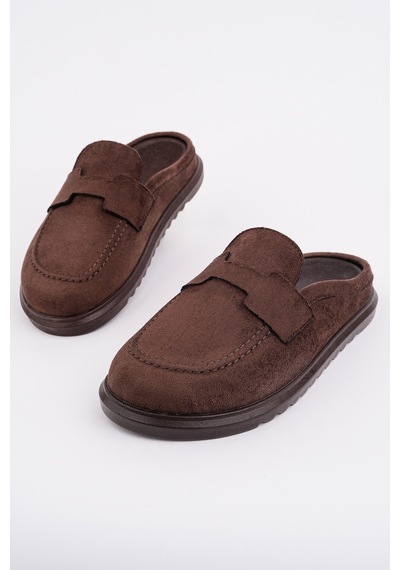 Muggo Vintage Süet Deri Günlük Rahat Önü Kapalı Kadın Loafer Terlik Kahverengi
