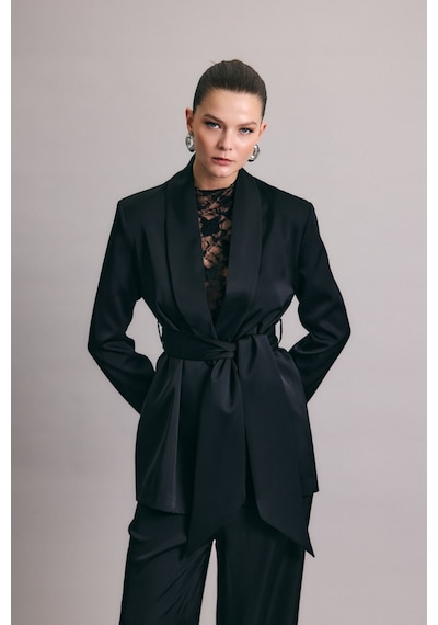 Sateen Kuşaklı Saten Ceket - Siyah-137006 Siyah