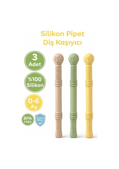 Bebek Diş Kaşıyıcısı Silikon Pipet & Diş Kaşıyıcı Set 3 Lü Bej, Yeşil & Sarı Dişlik Çiğneme Tüpü Pipet Yeşil - Sarı