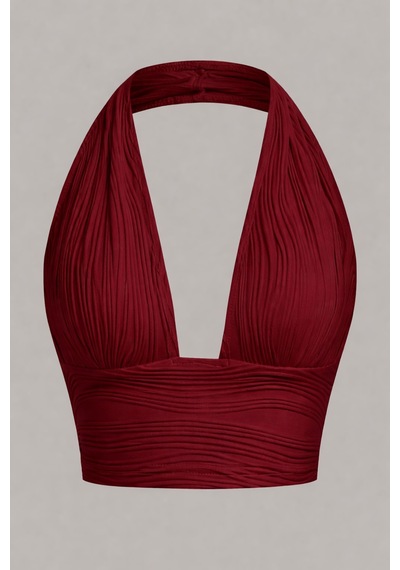 Hımmelduf Elastanlı Haılter Yaka Crop Dekolteli Bluz Bordo
