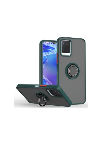 Vivo V21e Uyumlu Kılıf Yüzüklü Standlı Extra Darbe Koruma Sert Silikon Kapak - Yeşil Yeşil