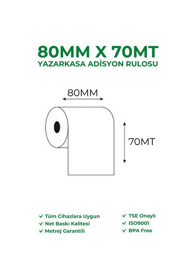 80x70 Termal Rulo Yazarkasa Adisyon Rulosu 5 Paket 50 Adet Tse Belgeli Bpa Free