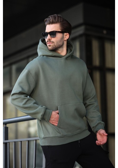 Madmext Haki Kapüşonlu Kanguru Cep Erkek Sweatshirt E7169 Haki