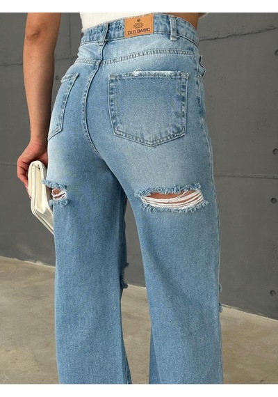 Zeo Basic Denim Wide-leg Pantolon Ön-arka Lazerli Orta Mavi Orta Mavi