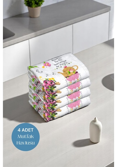 4lü Paket Baskılı Beyaz Mutfak Havlusu Modeli Kelebekli Ev