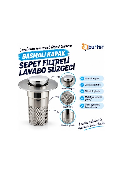 Buffer Sepet Filtreli Basmalı Lavabo Gider Süzgeci, Uzun Silindirik Filtreli Lavabo Tıpası, Saç Ve Kalıntı Toplayıcı Gid