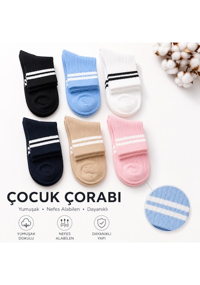 Ciho Socks Daily 6 Çift Çocuk %100 Pamuk Çizgili Tenis Okul Kolej Çorabı Pembe