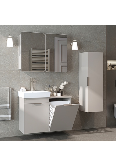 Dubai Mdflam Sepetli Banyo Dolabı Seti, Lavabolu Alt Dolap + Aynalı Banyo Üst Dolabı + Boy Dolabı Kumtaşı Dubai Mdflam Sepetli Banyo Dolabı Seti, Lavabolu Alt Dolap + Aynalı Banyo Üst Dolabı + Boy Dolabı Kumtaşı