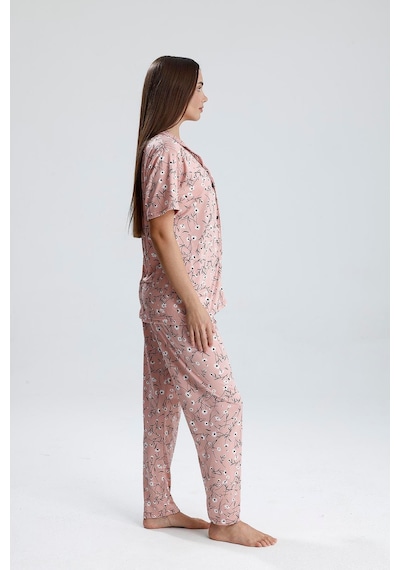Kompedan Kadın Çiçek Desen Önden Düğmeli Pijama Takım Pembe Pmb Çiçekli