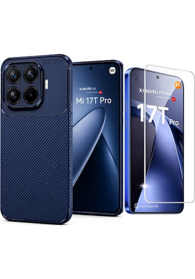 Xiaomi Mi 17t Pro İle Uyumlu Karbon Tasarım Silikon Telefon Kılıfı Ve Temperli Cam Ekran Koruyucu Lacivert