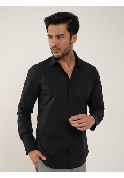Dufy Siyah Erkek Slim Fit Düz Klasik Yaka Uzun Kol Gömlek - 92868 Siyah