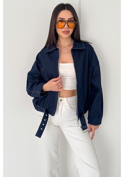 Blanco Kadın Kemer Detaylı Kot Ceket Oversize Fermuarlı Denim Ceket Lacivert Lacivert