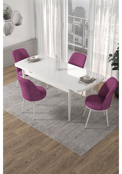 Canisa Concept Kor Serisi, 70x114 Açılabilir Beyaz Yemek Masası Takımı,4 Mor Sandalye Masa Beyaz Sandalyeler Mor Canisa Concept Kor Serisi, 70x114 Açılabilir Beyaz Yemek Masası Takımı,4 Mor Sandalye Masa Beyaz Sandalyeler Mor