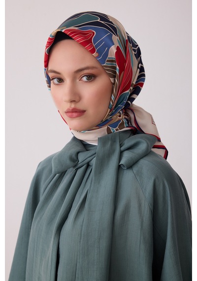 Belli Çiçek Desen %100 Twill İpek Eşarp Be13 Ekru