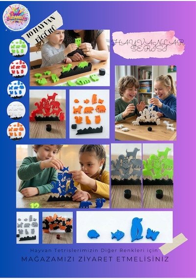 Montessori Hayvan Figürlü Denge Oyunu - Eğitici Zeka Geliştirici Tetris Blokları - Pembe 12 Parça