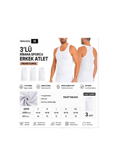 Yıldız Çamaşır Erkek Ribana Sporcu %100 Pamuk Atlet 15-17-19 - 3 Adet Beyaz