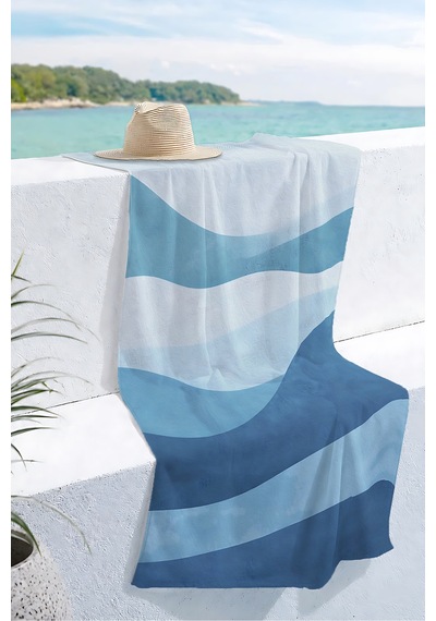 Mavi Dalga Temalı Modern Plaj Havlusu - Marine Minimalist Havuz Deniz Hızlı Kuruyan Mikrofiber Havlu Donuk Zeytin