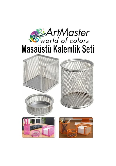 Gümüş Gri Masaüstü Fileli Kalemlik Seti 3 Parça 1 Paket 3 Lü Masa Üstü Düzenleyici Kalemlik Küp Notluk Ataşlık Gümüş Gri