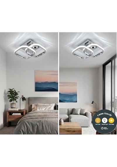 3 Renk Çift Kare Plafonyer Avize Krom Modern Tavan Aydınlatma Salon, Mutfak, Antre & Çocuk Odası