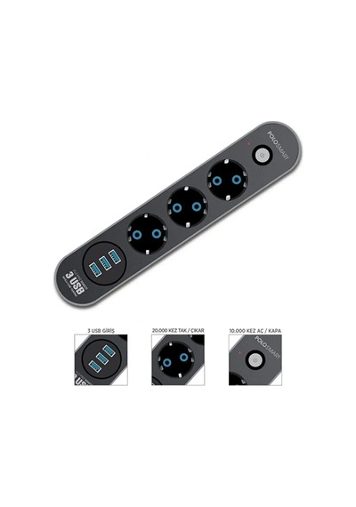 Akım Korumalı Isıya Dayanaklı 3x Grup Priz Ve 3x Usb Şarj Çıkışı 2 M